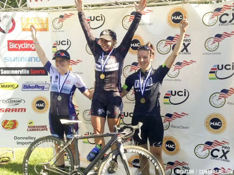 L to R: Ellen Noble, Laura Van Gilder, Gabby Durrin. 2014 Nittany Lion Cyclocross Day 2. © Cyclocross Magazine