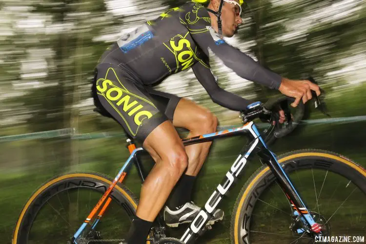 Andrew Reardon (Sonic) flying through the woods at the 2014 Qiansen Trophy Cyclocross Race. © Cyclocross Magazine