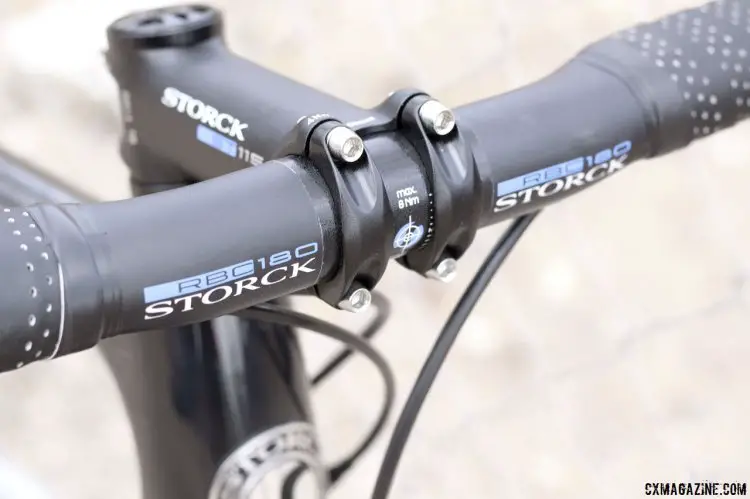 Storck has a 180g carbon handlebar and 115g alloy stem. The bar is engineered to maximize vertical compliance. © Cyclocross Magazine