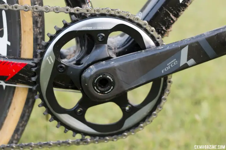 Sram's CX1 group features a 1x11 drivetrain with wide, thin chainring teeth and cutaways for mud shedding.  © Cyclocross Magazine