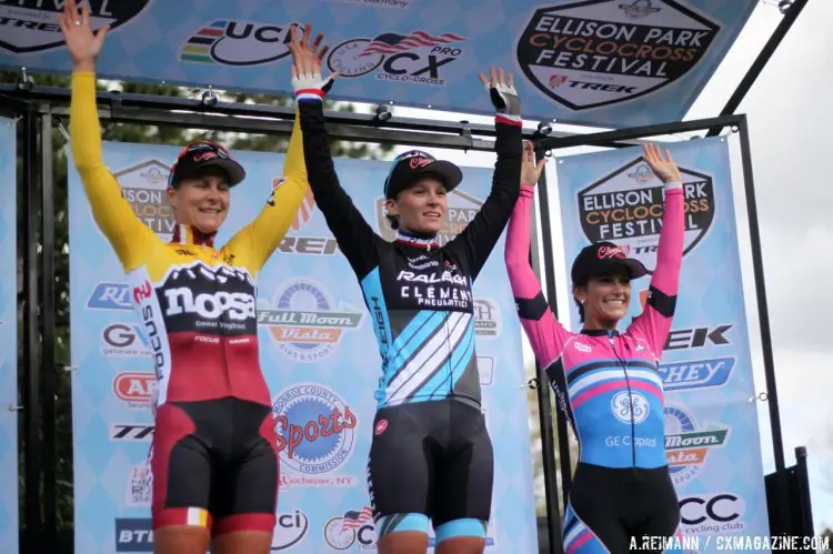 The Women's Elite podium saw Caroline Mani in first, Meredith Miller in second, and Courtney McFadden in third. © Andrew Reimann