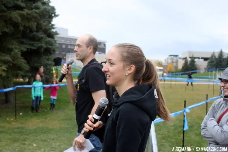 Third place La Course finisher Leah Kirchmann helped Steve Scoles announce the race, and both will be the voices of the live broadcast this weekend. © Andrew Reimann