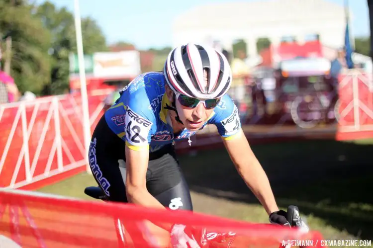 Helen Wyman was able to hold onto Compton’s wheel the longest, and still rode away from the chasing group and eventual third place, Rachel Lloyd. © Andrew Reimann