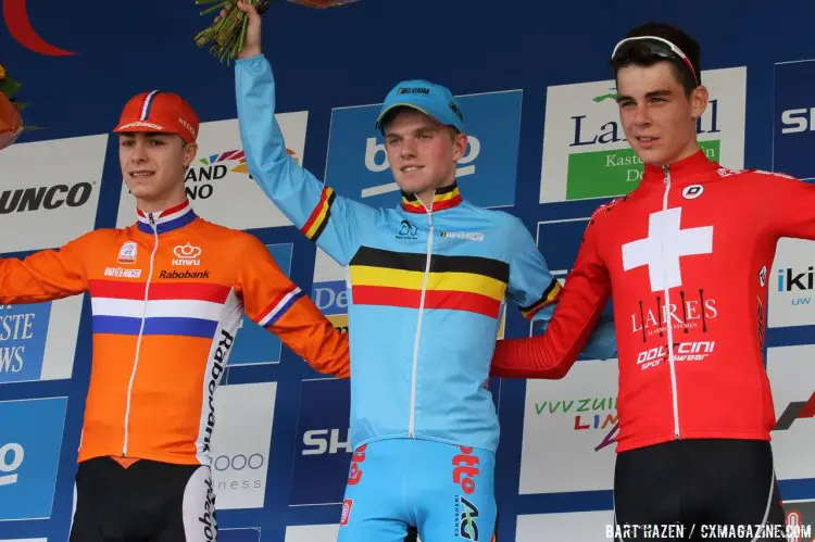 Eli Iserbyt (first), Max Gulickx (second) And Johan Jacobs (third) stood on the Junior World Cup podium in Valkenburg. © Bart Hazen