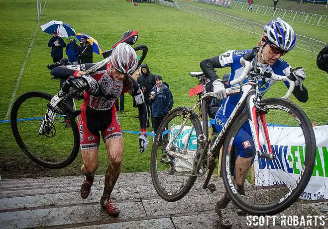 Mical Dyck and Catharine Pendrel in the 2013 Canadian Cyclocross Championship women’s elite race. © Scott Robarts