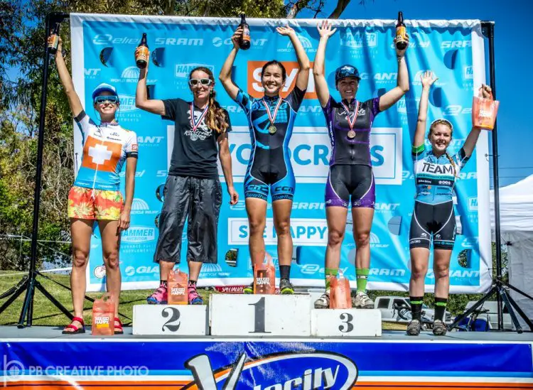 Women’s Elite Women 1-4 (l-r): Jennifer Whalen (SPY, 4th), Christina Probert-Turner (The TEAM SoCalCross/Turner Bikes, 2nd), Amanda Nauman (SDG/Bellwether/Krema Peanut Butter, 1st), Holly Breck (InCycle, 3rd), McKenzie Melcher (The TEAM SoCalCross, 5th). © Philip Beckman/PB Creative