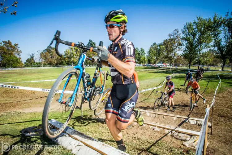 Elliot Reinecke (Focus/Velo Hangar) leads the break group of seven up the stairs. © Philip Beckman/PB Creative