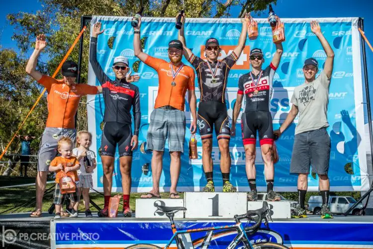 Men’s Elite 1-5 (l-r): Kyle Gritters (Rock N Road, 6th), Brian Gordon (Blackstar, 4th), Brandon Gritters (Rock N Road, 2nd), Elliot Reinecke (Focus/Velo Hangar, 1st), Brent Prenzlow (Celo Pacific, 3rd) and Chris Jackson (Castex/Felt, 5th). © Philip Beckman/PB Creative