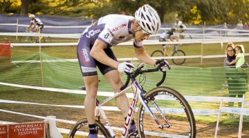 Stephen Hyde attacked extremely early in the race, and bunny-hopped the barriers as often as he could. Jamey Driscoll was one of the lead chasers, shown in the background almost 20 seconds back. © Andrew Reimann