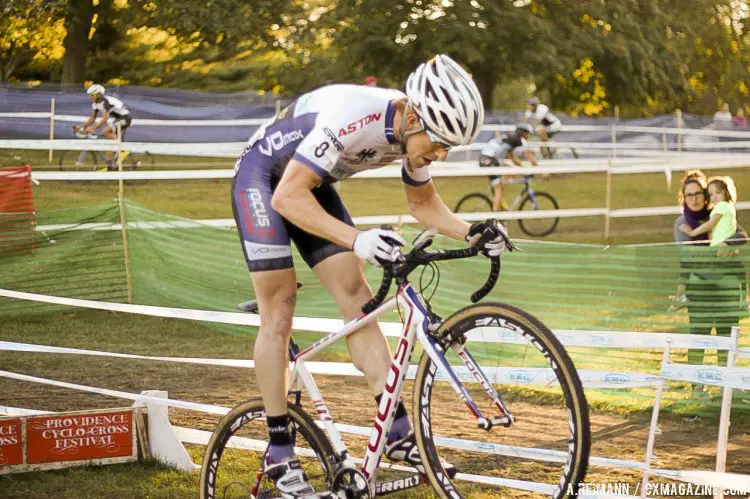 Stephen Hyde attacked extremely early in the race, and bunny-hopped the barriers as often as he could. Jamey Driscoll was one of the lead chasers, shown in the background almost 20 seconds back. © Andrew Reimann