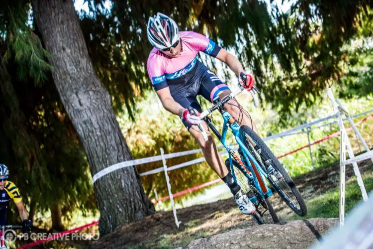 The approach to El Dorado’s infamous tree trunk was very awkward this time. Only Spencer Rathkamp (H&S Bicycles) had the skills to jump it—every lap—on his way to the Elite Under 23 victory. © Philip Beckman/PB Creative