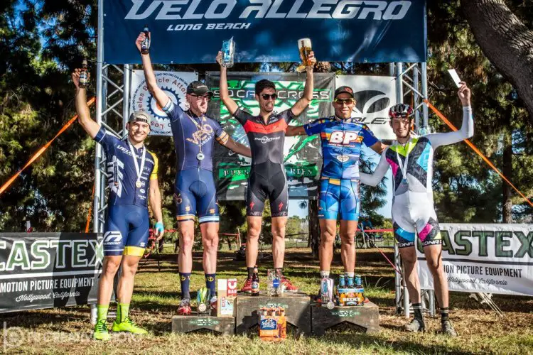 The Men’s Elite A podium (l-r): Rex Roberts (Velo Allegro, 5th), John Behrens (Velo Hangar, 3rd), Jean-Louis Bourdevaire (Blackstar, 1st), Alfred Pacheco (Buena Park Bicycles, 2nd) and Bryson Perry (DNA Cycling, 4th). © Philip Beckman/PB Creative