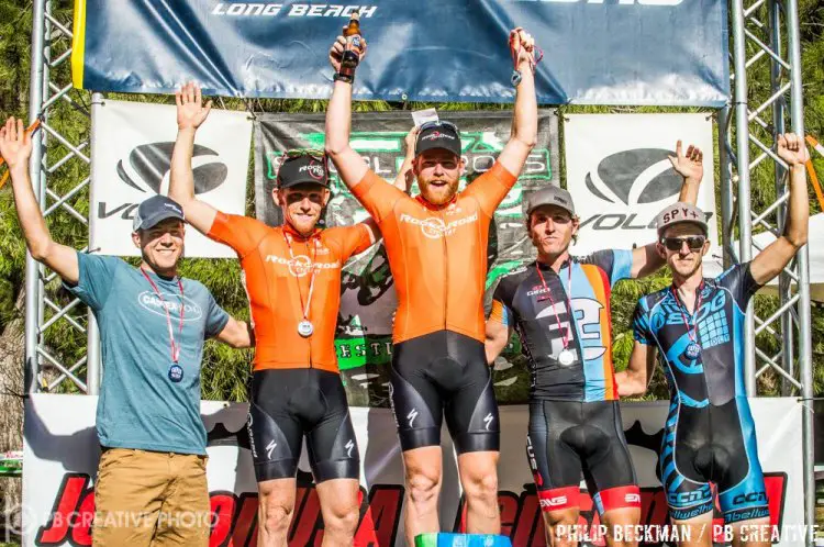 The Men’s Elite A podium (l-r): Chris Jackson (Castex/Felt, 4th), Kyle Gritters (Rock N Road/Rokform, 2nd), Brandon Gritters (Rock N Road, Big Red Coaching, 1st), Elliot Reinecke (Focus/Velo Hangar, 3rd) and Jason Siegle (SDG/Bellwether/Krema Peanut Butter, 5th). © Philip Beckman/PB Creative