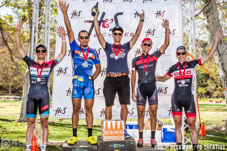 Saturday’s Men Elite A podium (l-r): Scott Lundy (Serious Cycling, 5th), Alfred Pacheco (Buena Park Bikes, 2nd), Julien Bourdevaire (Blackstar/Rock N Road, 1st), Brian Gordon (Blackstar/Rock N Road, 3rd) and Brent Prenzlow (Celo Pacific, 4th). © Philip Beckman/PB Creative