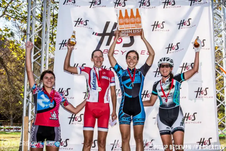 Saturday’s top Elite Women’s A competitors (l-r): Summer Moak (K-Edge/Felt, 4th), Nicole Brandt (LaGrange/Michelob Ultra, 2nd), Amanda Nauman (SDG/Bellwether p/b Krema Peanut Butter, 1st) and Christina Probert Turner (The TEAM SoCalCross/Turner Bikes, 3rd). © Philip Beckman/PB Creative