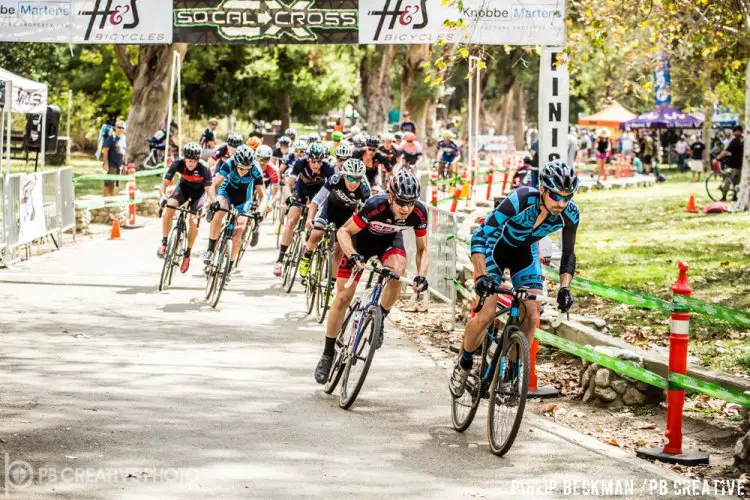 David Sheek (SDG/Bellwether p/b Krema Peanut Butter) has turned into a holeshot machine. On Saturday he led Brent Prenzlow (Celo Pacific) and Bailey Eckles (The TEAM SoCalCross) at the start of Elite Men’s A. © Philip Beckman/PB Creative