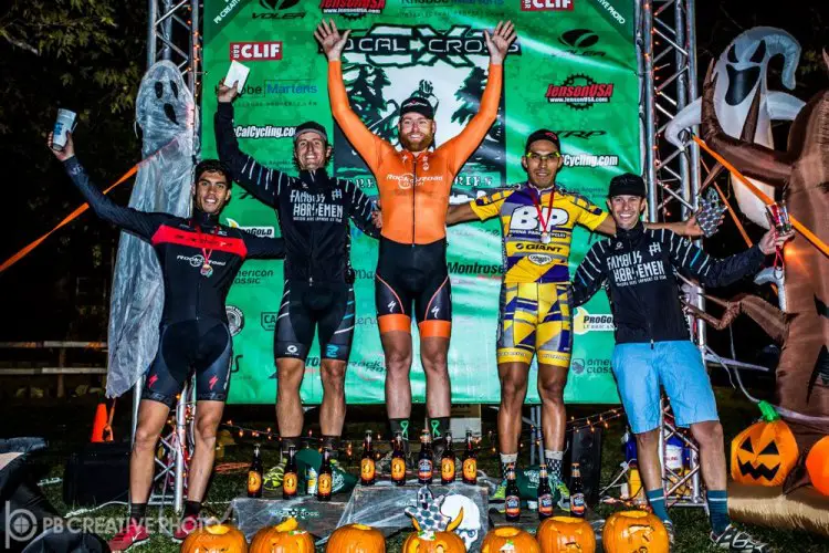 Men’s Elite A podium (l-r): Jean-Louis Bourdevaire (Blackstar, 4th), Elliot Reinecke (Famous Horsemen, 2nd), Brandon Gritters (Rock N’ Road/Big Red, 1st), Alfred Pacheco (Buena Park Bicycles, 3rd) and Gareth Feldstein (Famous Horsemen, 5th). © Philip Beckman/PB Creative