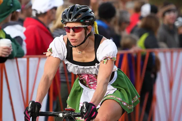 Saturday's winner, Serena Bishop, finsihed second on Sunday. All of the practice holding five beer steins per hand helped with the bike carrying skills. © Pat Malach