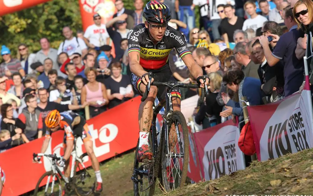 Sven Nys puts in an attack to rid Van Aert in attempt to win his 10th Koppenbergcross. © Bart Hazen