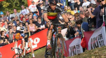 Sven Nys puts in an attack to rid Van Aert in attempt to win his 10th Koppenbergcross. © Bart Hazen