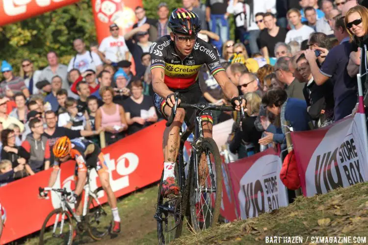 Sven Nys puts in an attack to rid Van Aert in attempt to win his 10th Koppenbergcross. © Bart Hazen