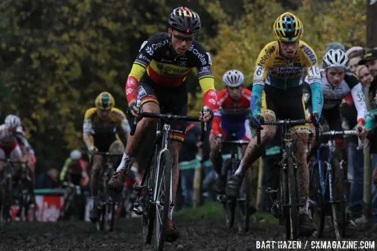 Many elements on the course that would have been ride-able in drier conditions forced riders to dismount. © Bart Hazen