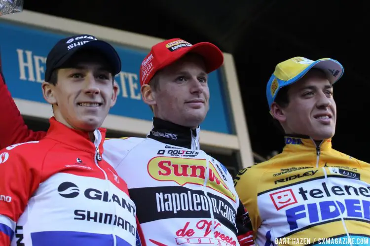 Kevin Pauwels, Lars van der Haar and Tom Meeusen stood on the podium of the Men's Elite Race at Spa-Francorchamps. © Bart Hazen