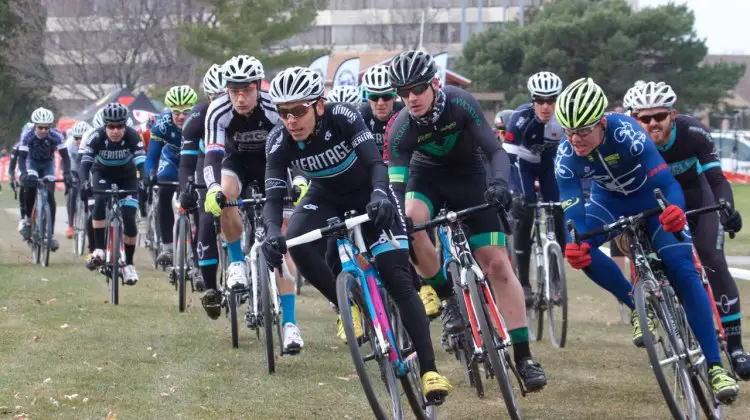 David Reyes (Chicago, IL), Maxx Hall (Niles, IL), and Brian Conant (Dekalb, IL) lead the Men's 1/2/3 field into the first corner on day one of racing at the Hilton Indian Lakes Resort.