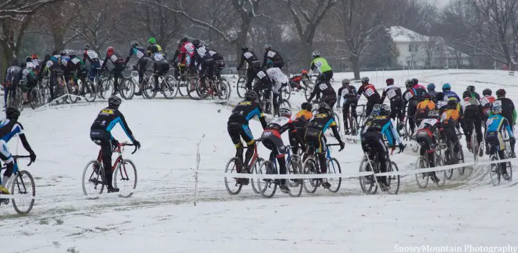 The men's 35+ field plows through fresh powder in the first race of day 2 at the Hilton Indian Lakes Resort.