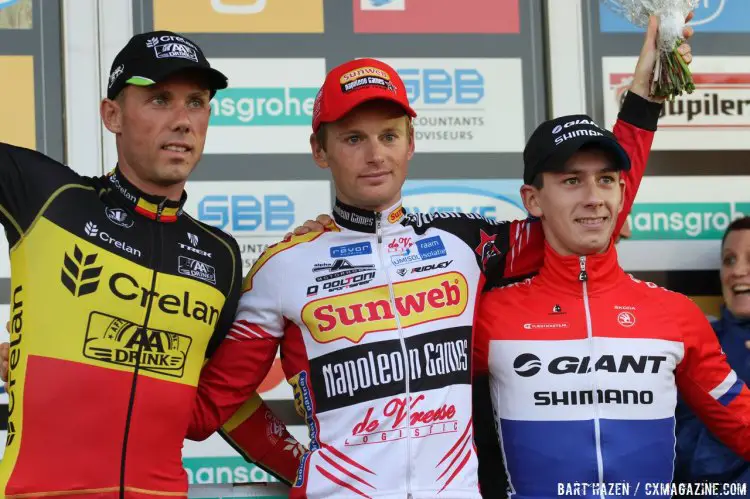 Kevin Pauwels stands atop the podium in Zonhoven, with Sven Nys and Lars van der Haar joining. © Bart Hazen