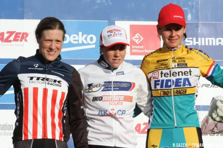 Sanne Cant took the top position on the podium with American Katie Compton. British rider Nikki Harris was able to capture the last spot for her home country. © Bart Hazen