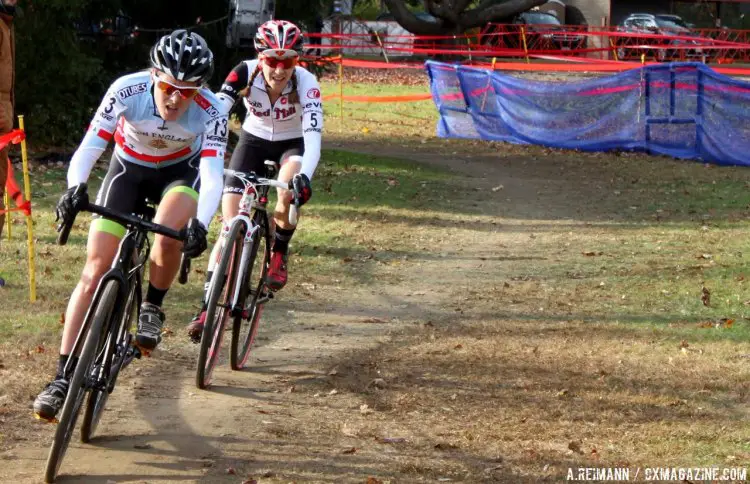 Gabby Durrin and Mo Bruno Roy took turns fighting the wind, which peaked on the day during the women’s elite race. © Andrew Reimann