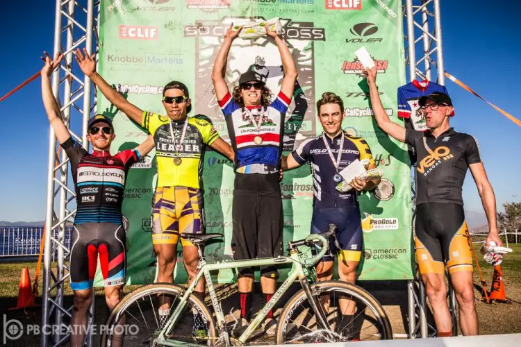 The Men’s A podium at Anza Crossing (l-r): Scott Lundy, Alfred Pacheco, Andrew Juiliano, Rex Roberts and John Behrens. © Philip Beckman/PB Creative