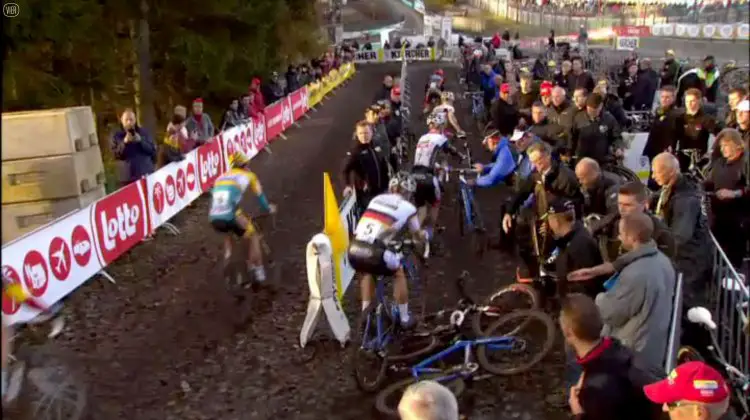 The pits were chaotic and included some unplanned bike barriers. 