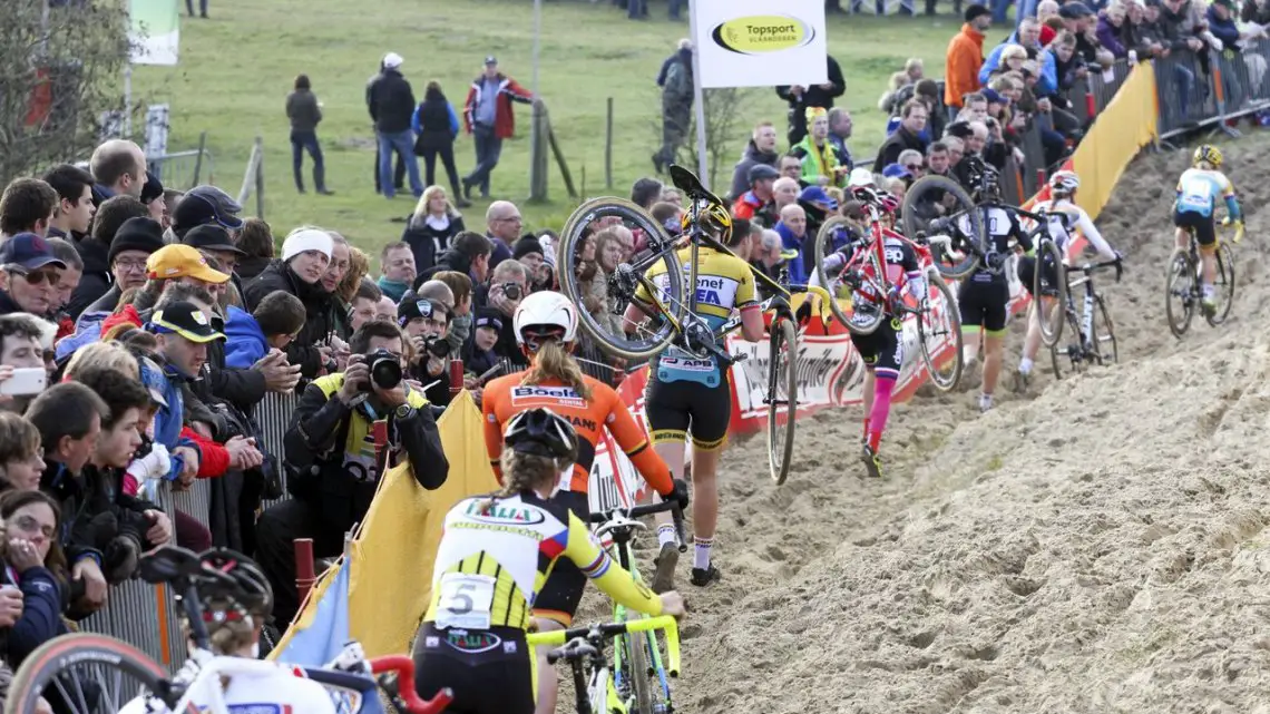 Often only the leader gets to ride the dunes on early laps. 2014 Koksijde UCI Cyclocross World Cup, Elite Women. © Bart Hazen / Cyclocross Magazine