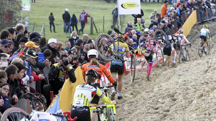 Often only the leader gets to ride the dunes on early laps. 2014 Koksijde UCI Cyclocross World Cup, Elite Women. © Bart Hazen / Cyclocross Magazine