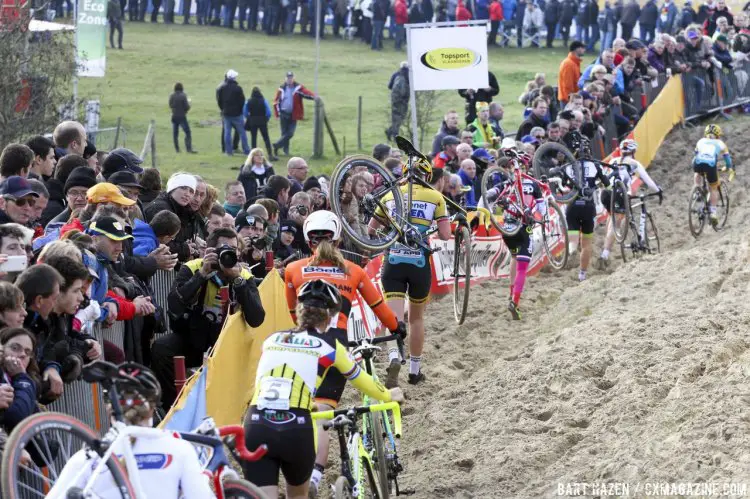 Often only the leader gets to ride the dunes on early laps. 2014 Koksijde UCI Cyclocross World Cup, Elite Women. © Bart Hazen / Cyclocross Magazine