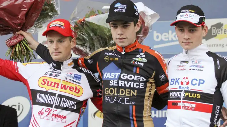 L t R: Pauwels, van Aert, and van der Poel. 2014 Koksijde UCI Cyclocross World Cup, Elite Men. © Bart Hazen / Cyclocross Magazine