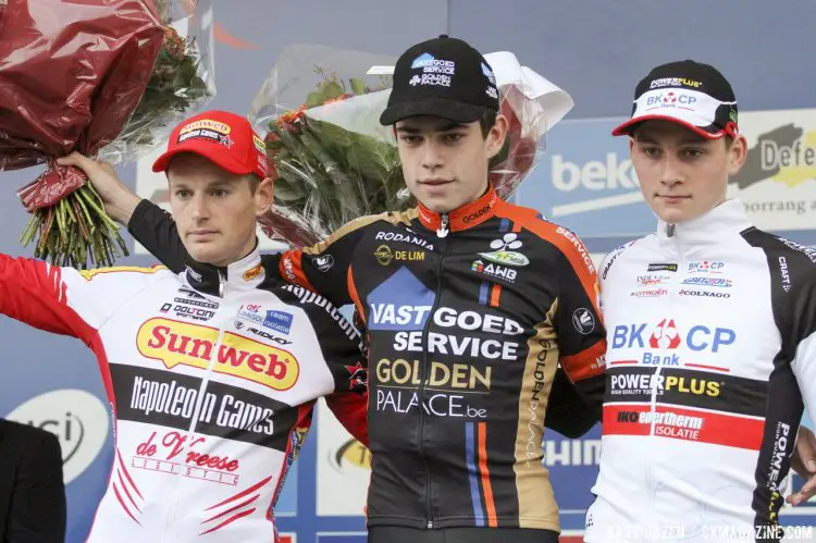 L t R: Pauwels, van Aert, and van der Poel. 2014 Koksijde UCI Cyclocross World Cup, Elite Men. © Bart Hazen / Cyclocross Magazine