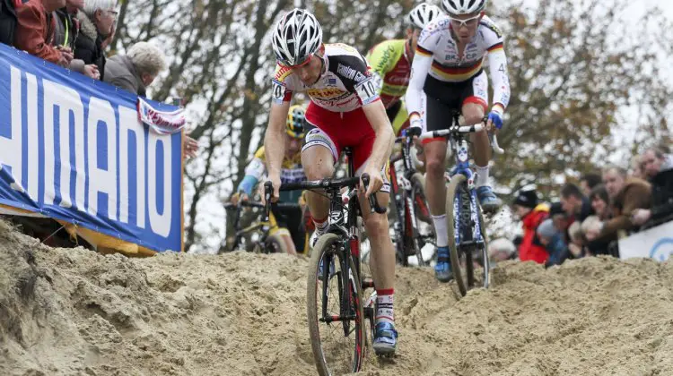 Kevin Pauwels dropped the chase group to pass van der Poel and finish second. 2014 Koksijde UCI Cyclocross World Cup, Elite Men. © Bart Hazen / Cyclocross Magazine