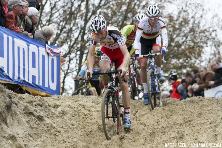 Kevin Pauwels dropped the chase group to pass van der Poel and finish second. 2014 Koksijde UCI Cyclocross World Cup, Elite Men. © Bart Hazen / Cyclocross Magazine