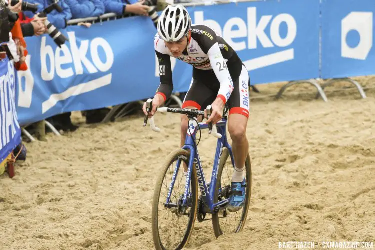 Mathieu van der Poel rode well in second for most of the race before Pauwels passed. 2014 Koksijde UCI Cyclocross World Cup, Elite Men. © Bart Hazen / Cyclocross Magazine