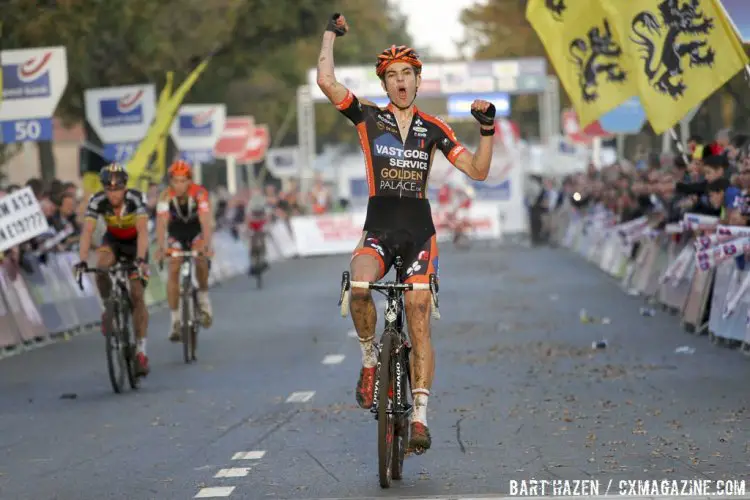 20-year-old Wout van Aert wins Koppenbergcross over Sven Nys and Kevin Pauwels in a controversial sprint. © Bart Hazen / Cyclocross Magazine