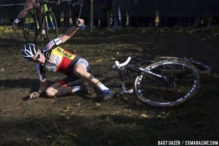 Sanne Cant took a spill on a tricky, slick corner. © Bart Hazen / Cyclocross Magazine