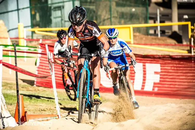 Early in Women’s Elite, Amanda Miller (Boulder Cycle Sport/YogaGlo) leads Katerina Nash (Luna Pro Team) and Nicole Duke (Marin Bikes/Spy). © Philip Beckman/PB Creative