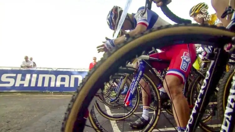 Finding the right line at the start at Valkenburg. Photo capture from UCI