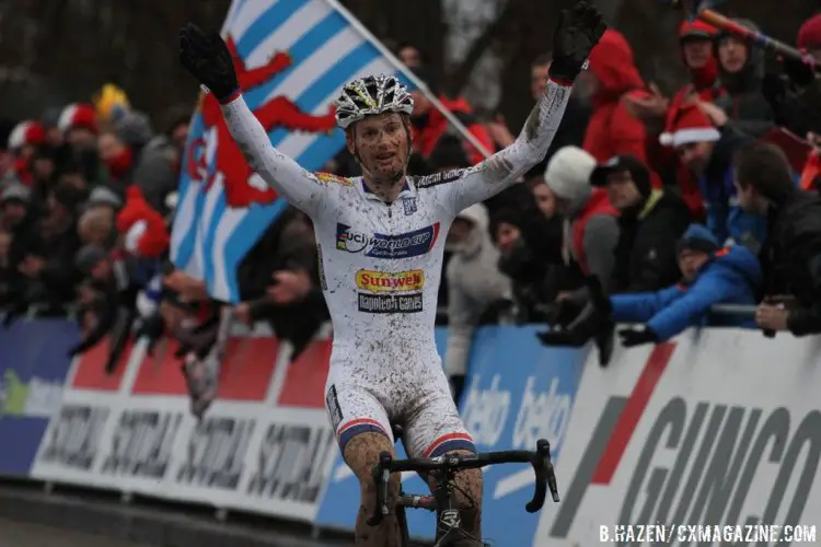 An elated and exhausted Pauwels crosses the line for the win. © Bart Hazen/Cyclocross Magazine