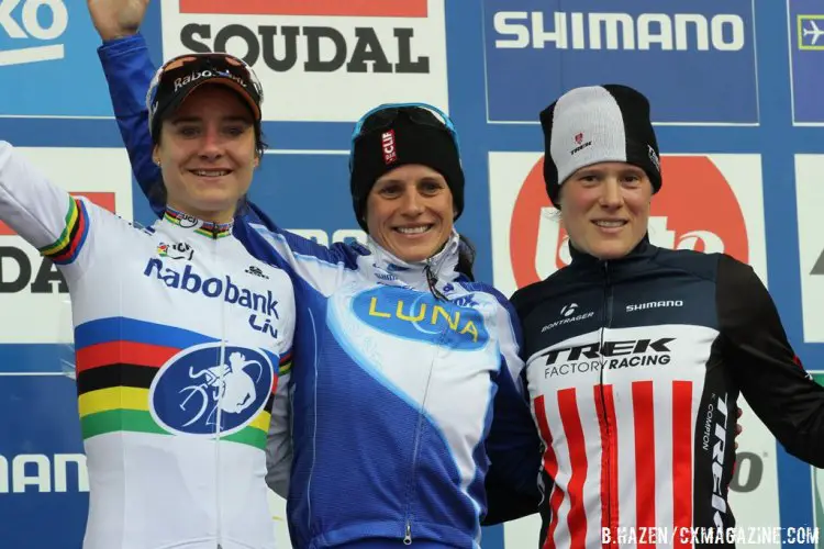 The podium at Namur: Nash, Vos, and Compton. © Bart Hazen/Cyclocross Magazine