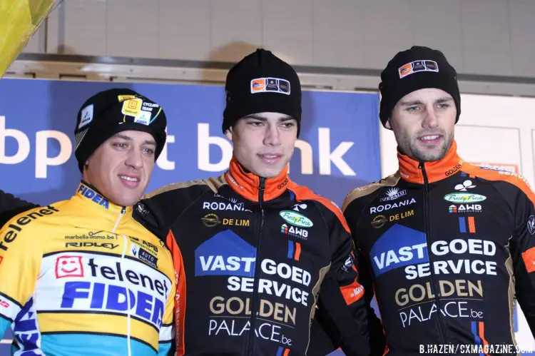 The BPost Bank at Essen’s podium included Van Aert, Meeusen and Peeters. © Bart Hazen/Cyclocross Magazine