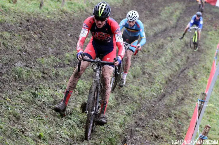 Gage Hecht tripods before the Belgian blue to take fifth overall at Namur. © Bart Hazen/Cyclocross Magazine